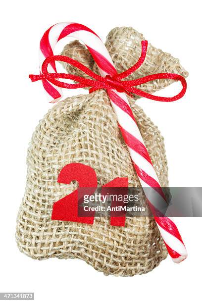 christmas bag for advent calendar isolated on white - adventkalender stock pictures, royalty-free photos & images