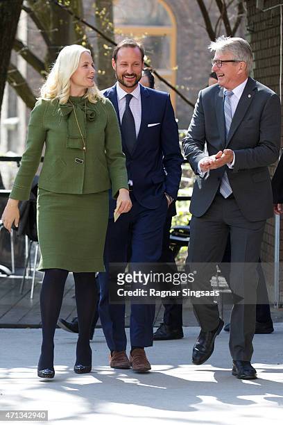 Crown Princess Mette-Marit of Norway, Crown Prince Haakon of Norway and the Mayor of Oslo Fabian Stang attend the 25th anniversary of CICERO on April...