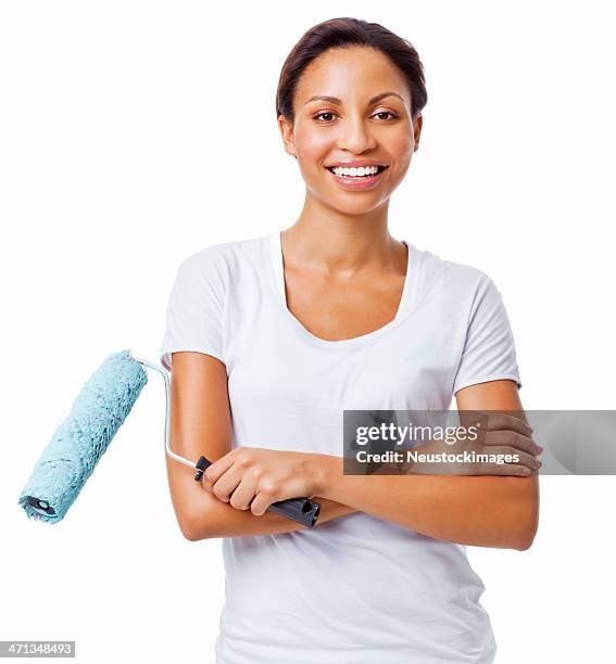 woman holding a paint roller - isolated - holding paint roller stock pictures, royalty-free photos & images