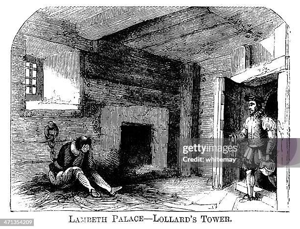lambeth palace - lollards' tower (1871 engraving) - open prison cell stock illustrations