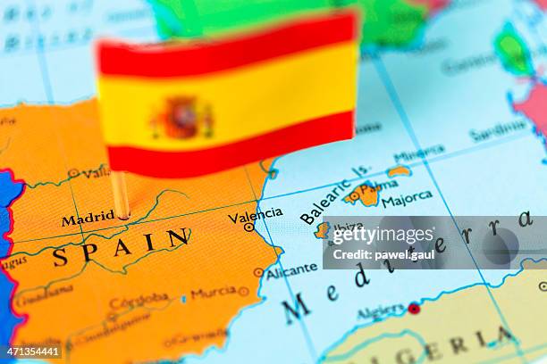 map and flag of spain - spain flag stock pictures, royalty-free photos & images