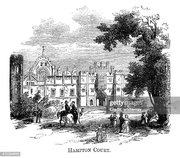 hampton court (1871 engraving) - hampton court garden stock illustrations