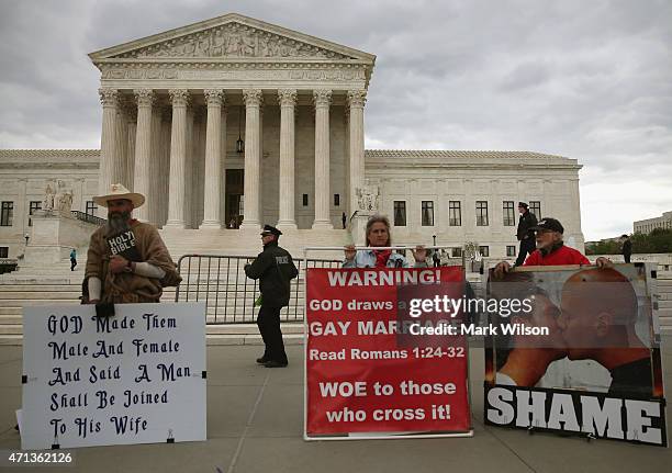 Anti-gay marriage protesters gather in front of the US Supreme Court Building April 27, 2015 in Washington, DC. The high court is scheduled to hear...