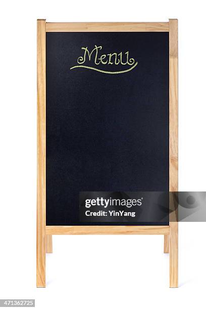 empty blank menu blackboard easel sign on white background - menu board stock pictures, royalty-free photos & images