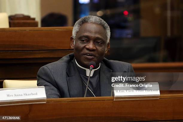 Cardinal Peter Appiah Turkson attends the seminar 'Trafficking with a Special Focus on Children' at the Pontifical Academy of Sciences at Casina Pio...