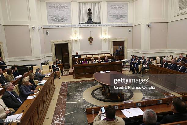 General view of the atmosphere during the seminar 'Trafficking with a Special Focus on Children' at the Pontifical Academy of Sciences at Casina Pio...