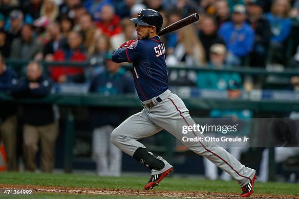 Jordan Schafer of the Minnesota Twins bats against the Seattle Mariners at Safeco Field on April 24, 2015 in Seattle, Washington.