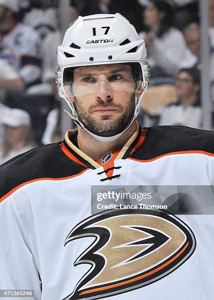Ryan Kesler of the Anaheim Ducks looks on during first period action against the Winnipeg Jets in Game Four of the Western Conference Quarterfinals...