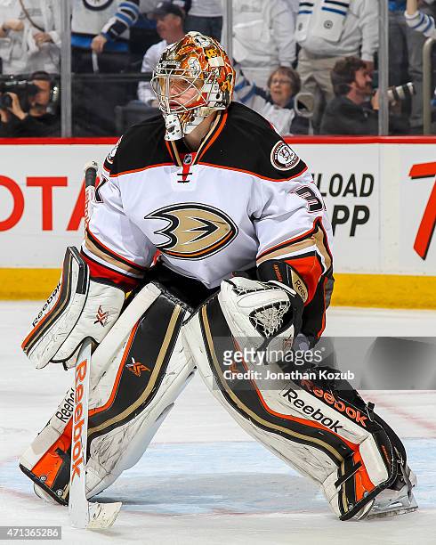 Goaltender Frederik Andersen of the Anaheim Ducks guards the net during third period action against the Winnipeg Jets in Game Four of the Western...
