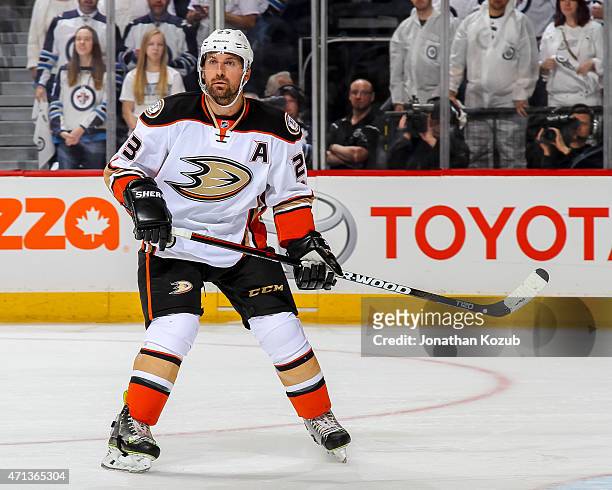 Francois Beauchemin of the Anaheim Ducks keeps an eye on the play during third period action against the Winnipeg Jets in Game Four of the Western...