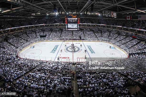 The game opening face-off between the Winnipeg Jets and the Anaheim Ducks in Game Four of the Western Conference Quarterfinals during the 2015 NHL...