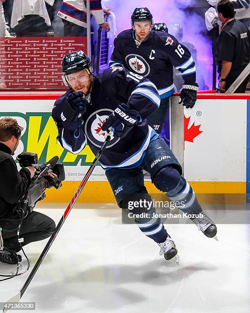 Bryan Little of the Winnipeg Jets hits the ice prior to puck drop against the Anaheim Ducks in Game Four of the Western Conference Quarterfinals...