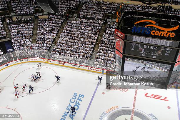 An overhead look at a second period face-off between the Winnipeg Jets and the Anaheim Ducks in Game Four of the Western Conference Quarterfinals...