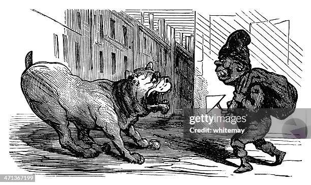 man and dog - suspicious goings-on - burglar carried stock illustrations
