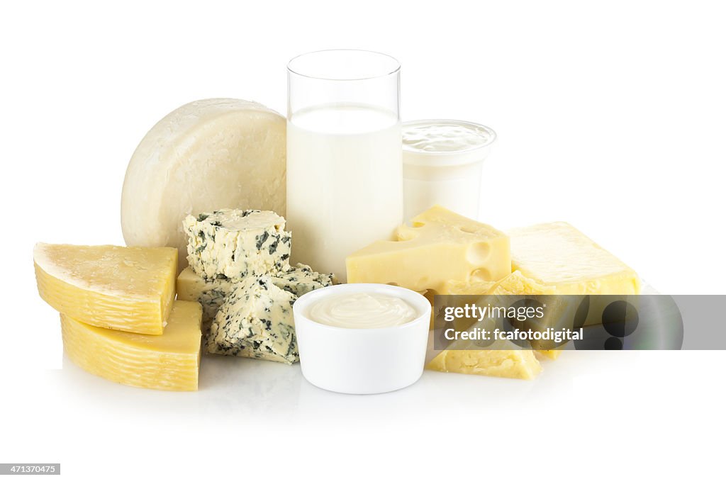 Various dairy products isolated on white backdrop