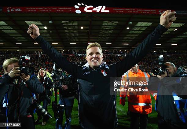 Eddie Howe manager of Bournemouth celebrates victory on the pitch after the Sky Bet Championship match between AFC Bournemouth and Bolton Wanderers...