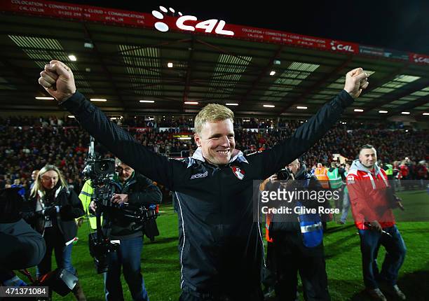 Eddie Howe manager of Bournemouth celebrates victory on the pitch after the Sky Bet Championship match between AFC Bournemouth and Bolton Wanderers...