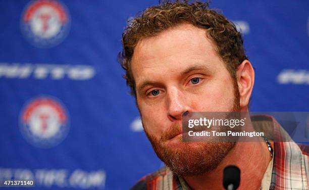 Josh Hamilton, outfielder for the Texas Rangers, talks with the media at Globe Life Park on April 27, 2015 in Arlington, Texas. Hamilton was acquired...