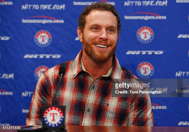 Josh Hamilton, outfielder for the Texas Rangers, talks with the media at Globe Life Park on April 27, 2015 in Arlington, Texas. Hamilton was acquired...