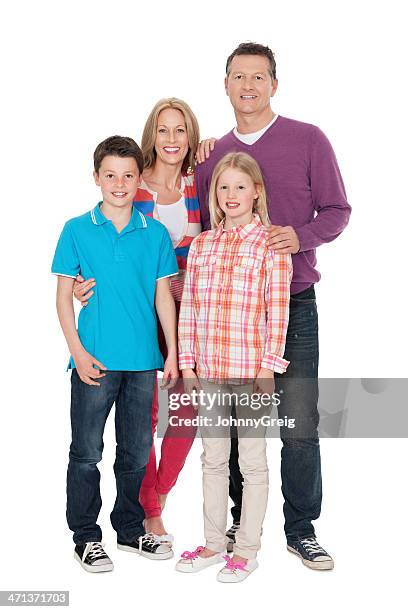 happy caucasian family of four - four people white background stock pictures, royalty-free photos & images