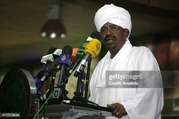 Omar Hassan al-Bashir addresses to his supporters after he won the presidential election, in Khartoum, Sudan on April 27, 2015. With a result widely...