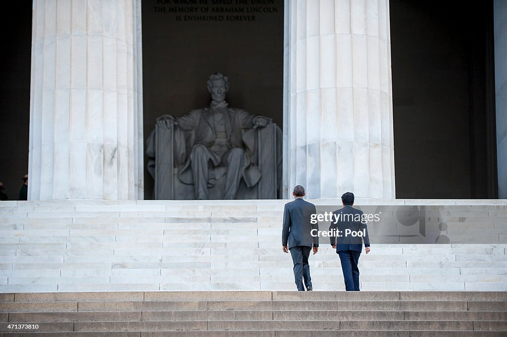 President Obama And Japanese Prime Minister Shinzo Abe Visit Lincoln Memorial