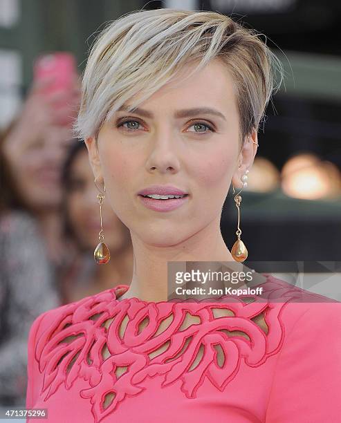 Actress Scarlett Johansson arrives at the 2015 MTV Movie Awards at Nokia Theatre L.A. Live on April 12, 2015 in Los Angeles, California.