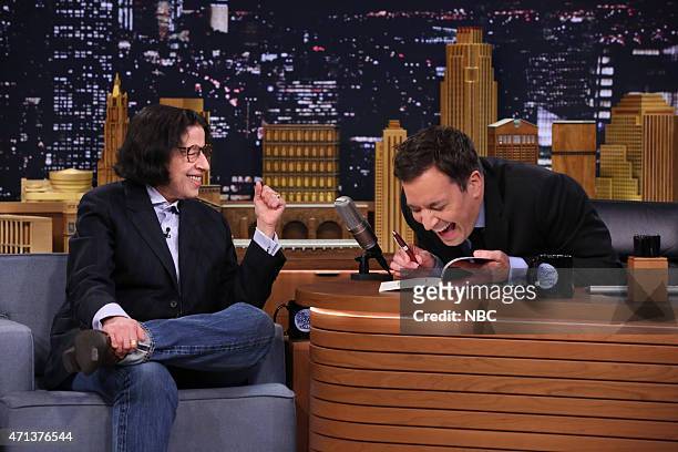 Episode 0250 -- Pictured: Author Fran Lebowitz during an interview with host Jimmy Fallon on April 27, 2015 --