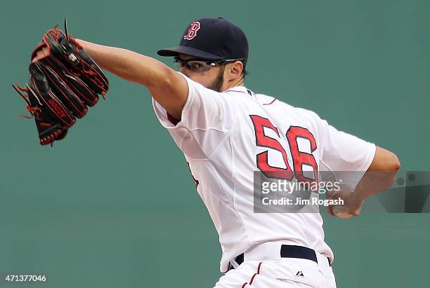 Joe Kelly of the Boston Red Sox pitches against the Toronto Blue Jays in the first inning at Fenway Park April 27, 2015 in Boston, Massachusetts.