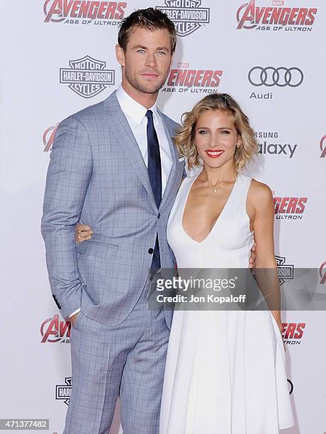 Actor Chris Hemsworth and wife actress Elsa Pataky arrive at the Los Angeles Premiere Marvel's "Avengers Age Of Ultron" at Dolby Theatre on April 13,...