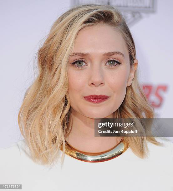 Actress Elizabeth Olsen arrives at the Los Angeles Premiere Marvel's "Avengers Age Of Ultron" at Dolby Theatre on April 13, 2015 in Hollywood,...