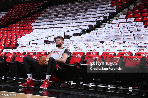 Joel Freeland of the Portland Trail Blazers before the game against the Memphis Grizzlies in Game Four of the Western Conference Quarterfinals during...