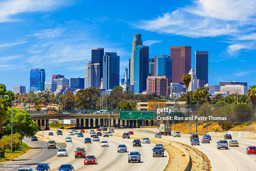 Skyline of Los Angeles with freeway traffic,CA