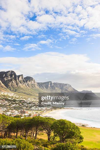 campos debajo de montaña de la mesa de la costa de la bahía de cape town south africa - table mountain south africa fotografías e imágenes de stock