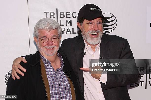 George Lucas and Stephen Colbert attend 2015 Tribeca Film Festival - Tribeca Talks: Directors Series: George Lucas with Stephen Colbert at BMCC...