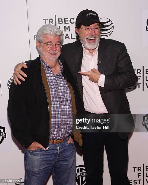 George Lucas and Stephen Colbert attend 2015 Tribeca Film Festival - Tribeca Talks: Directors Series: George Lucas with Stephen Colbert at BMCC...