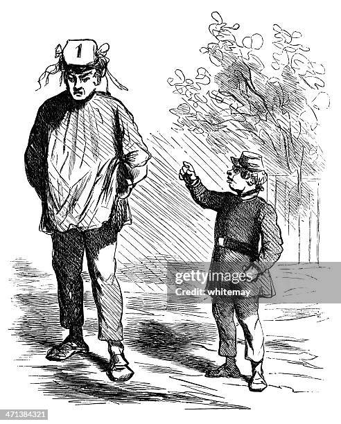 boy mocking a man's hat - different ages stock illustrations