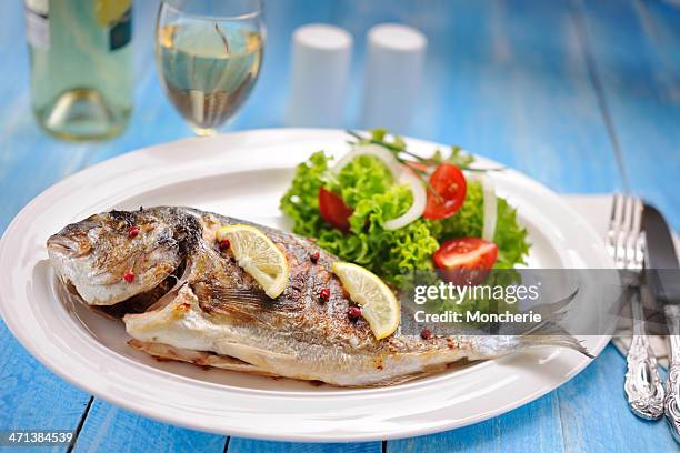 grilled sea bream - blue plate stock pictures, royalty-free photos & images