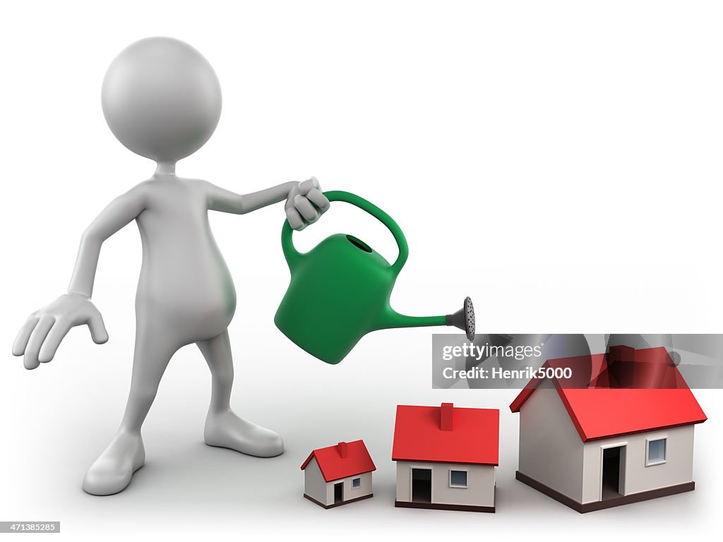 3d Man watering homes, isolated with clipping path