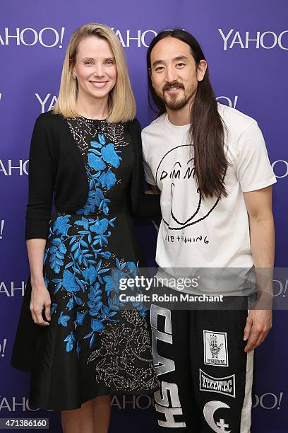 President and CEO of Yahoo! Marissa Mayer and musician Steve Aoki attend the 2015 Yahoo Digital Content NewFronts at Avery Fisher Hall on April 27,...