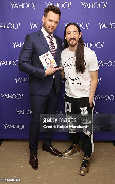 Comedian Joel McHale and musician Steve Aoki attend the 2015 Yahoo Digital Content NewFronts at Avery Fisher Hall on April 27, 2015 in New York City.