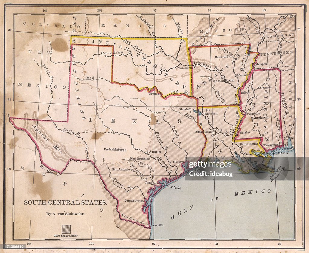 Old, Color Map of South Central States, From 1800's