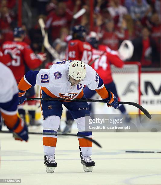 John Tavares of the New York Islanders reacts at the end of a 2-1 loss to the Washington Capitals in Game Seven of the Eastern Conference...