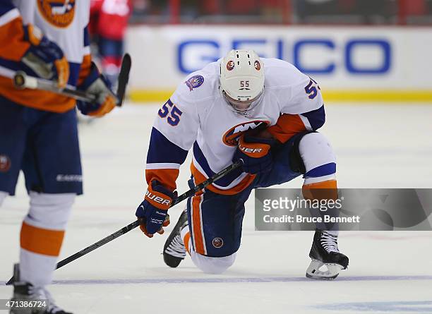 Johnny Boychuk of the New York Islanders reacts at the end of a 2-1 loss to the Washington Capitals in Game Seven of the Eastern Conference...