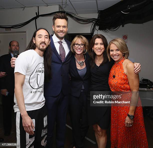 Steve Aoki, Joel McHale, Lisa Licht, Lisa Utzschneider and Katie Couric attend the 2015 Yahoo Digital Content NewFronts at Avery Fisher Hall on April...