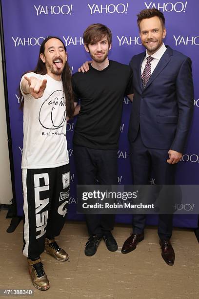 Steve Aoki, David Karp and Joel McHale attend the 2015 Yahoo Digital Content NewFronts at Avery Fisher Hall on April 27, 2015 in New York City.