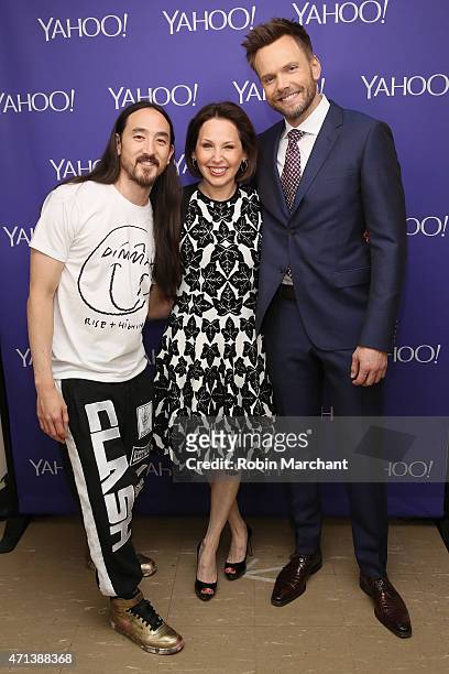Steve Aoki, Kathy Savitt and Joel McHale attend the 2015 Yahoo Digital Content NewFronts at Avery Fisher Hall on April 27, 2015 in New York City.