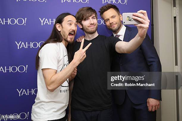 Steve Aoki, David Karp and Joel McHale attend the 2015 Yahoo Digital Content NewFronts at Avery Fisher Hall on April 27, 2015 in New York City.