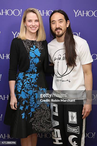 President and CEO of Yahoo! Marissa Mayer and musician Steve Aoki attend the 2015 Yahoo Digital Content NewFronts at Avery Fisher Hall on April 27,...