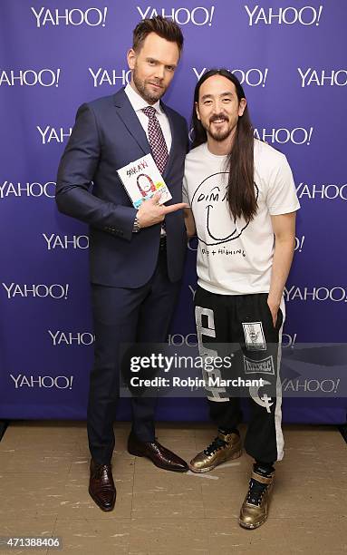 Comedian Joel McHale and musician Steve Aoki attend the 2015 Yahoo Digital Content NewFronts at Avery Fisher Hall on April 27, 2015 in New York City.